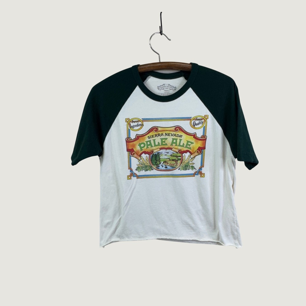 Sierra Nevada Pale Ale Raglan T-Shirt Small White Green Cropped Graphic Beer Tee